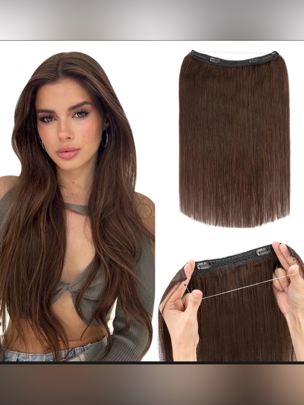100% Remy Human Hair halo Extension dark brown 14” 70 grams New straight